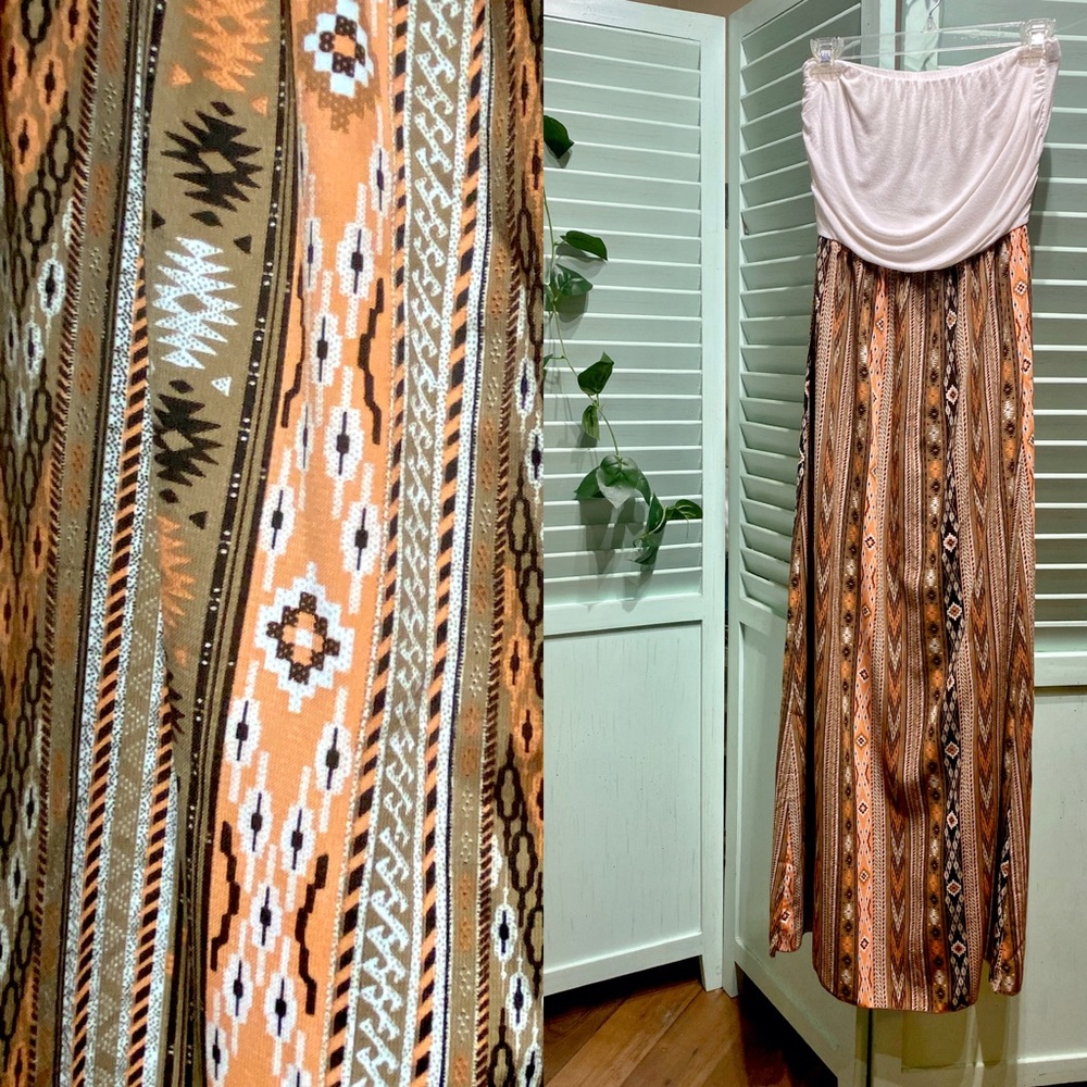 Papaya Orange Tribal Aztec Strapless Maxi Dress